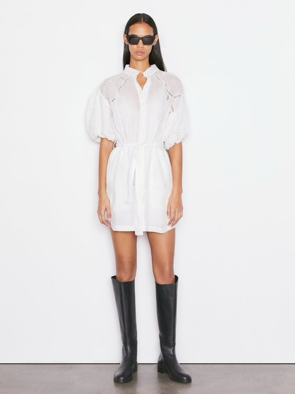 FRAME Inset Lace Puff Sleeve Mini Dress – White – Size XS